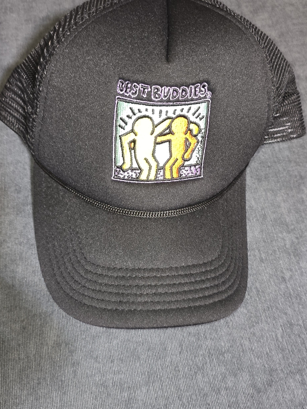 Vintage Keith Haring Best Buddies Embroidered Mesh Trucker Hat Black Snapback